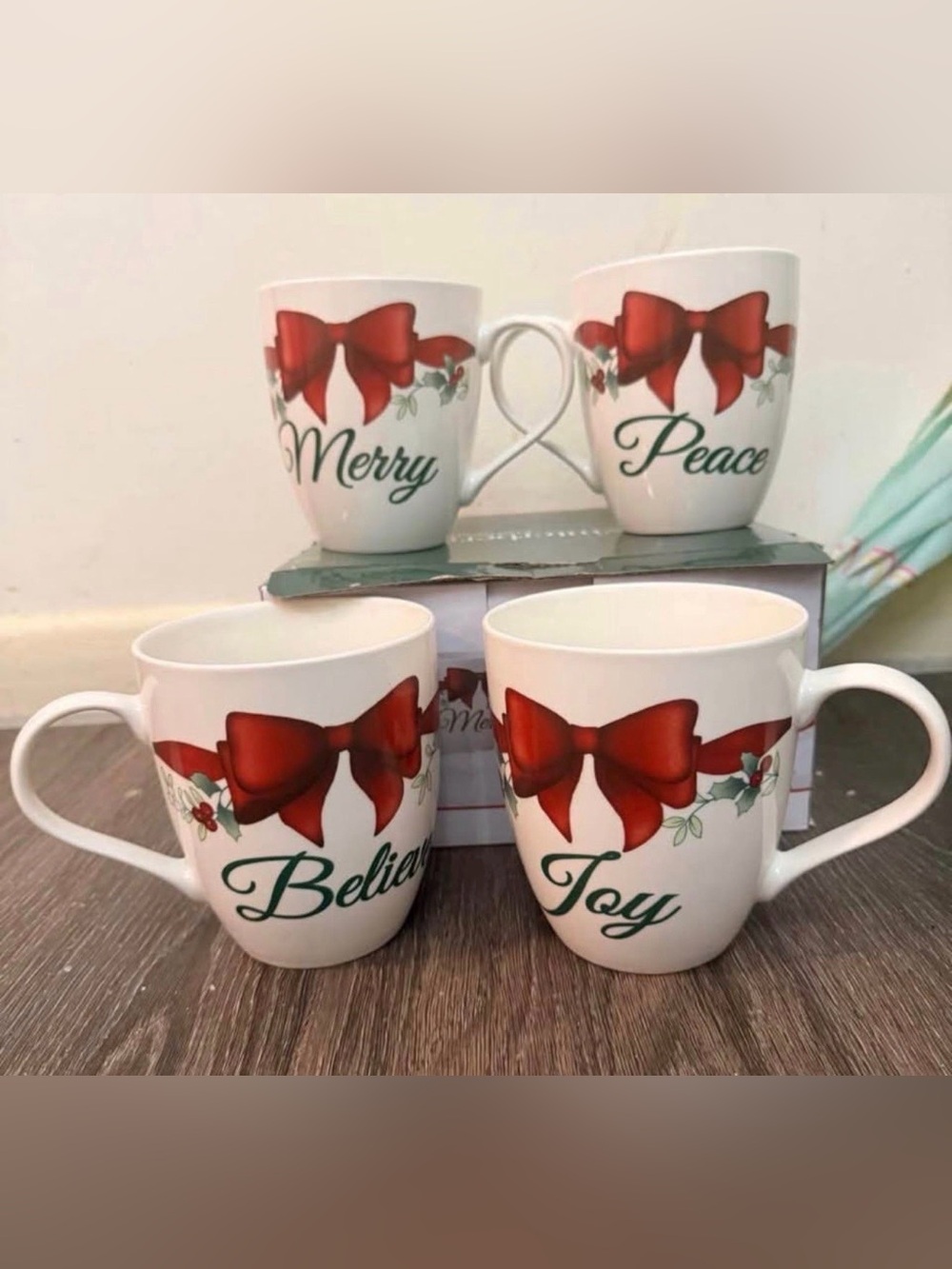 Pfaltzgraff White Mugs with Red Bow and Green Script - Set of 4